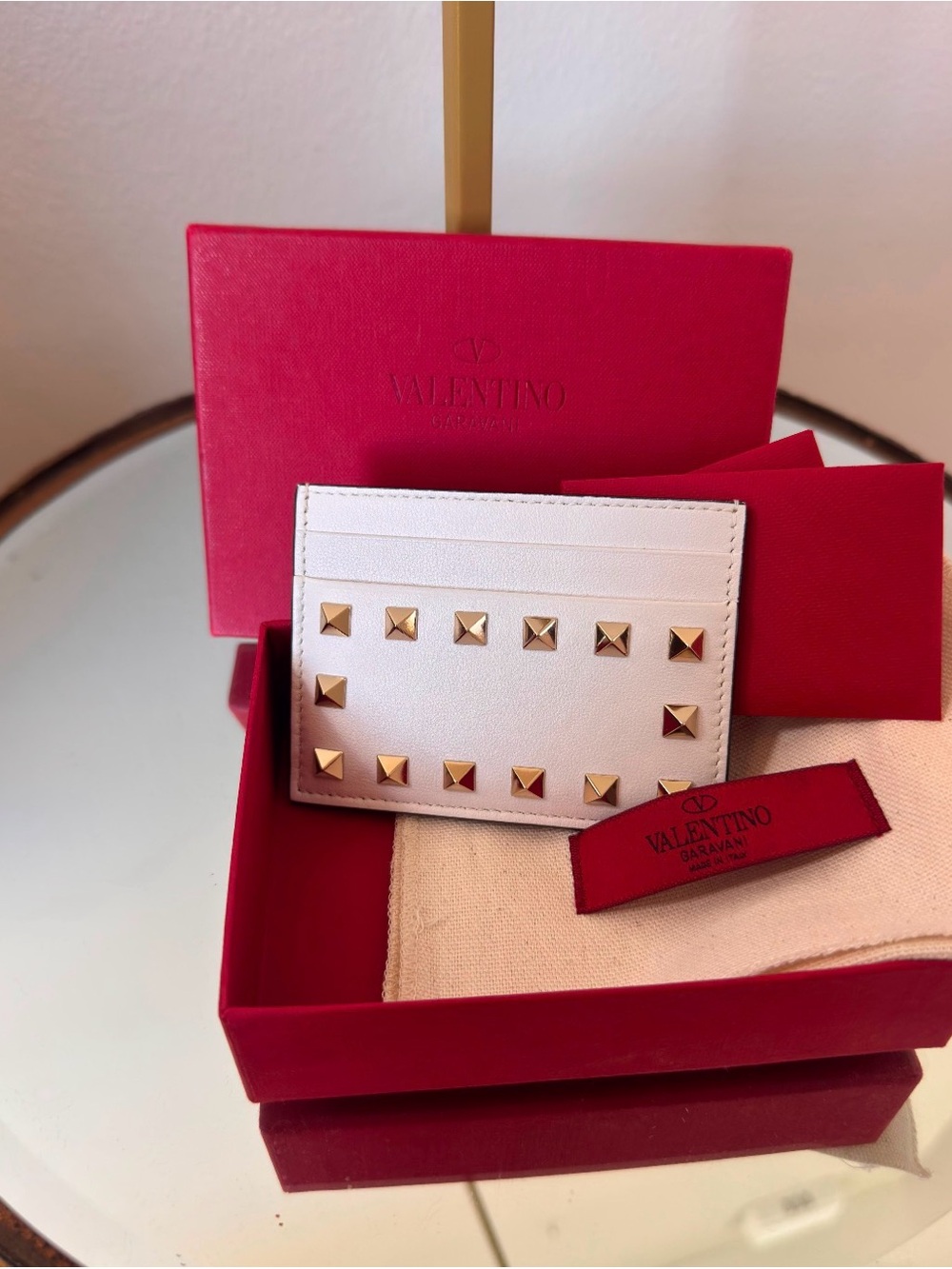 Valentino Garavani White Leather Card Holder with Gold Rockstuds